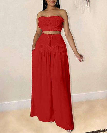 Solid Color Set of Casual Tube Top & Wide Leg Pants