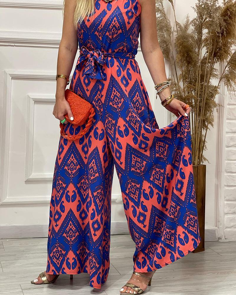 Casual sleeveless printed wide-leg jumpsuit