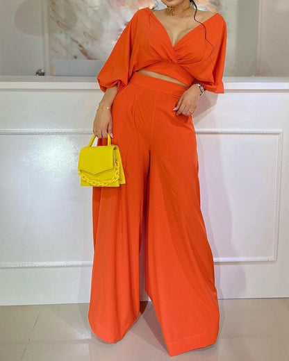 V-neck solid color puff sleeve two-piece set