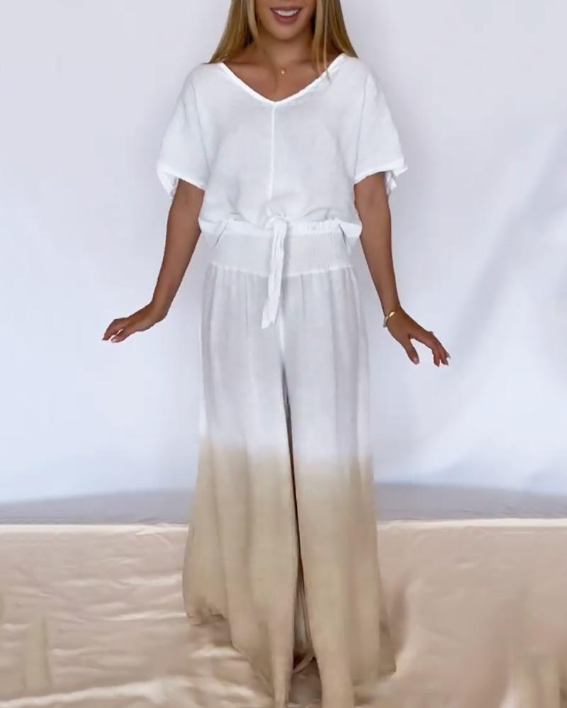 Two-piece set of loose V-neck top & gradient wide-leg pants