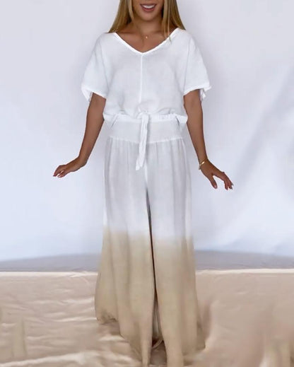 Two-piece set of loose V-neck top & gradient wide-leg pants