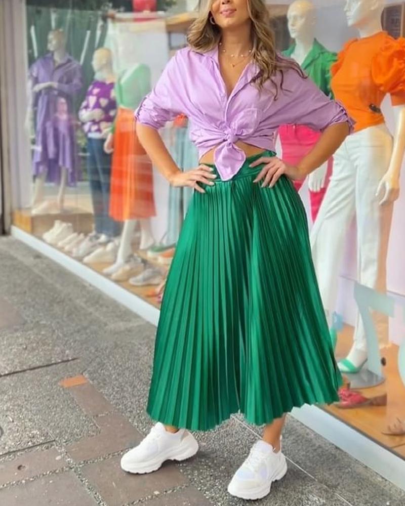 Solid Color Shirt Pleated Long Skirt Suit