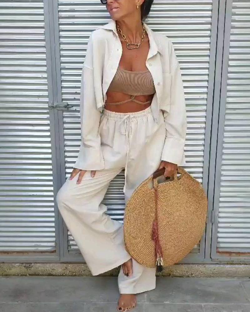 Solid Color Shirt Straight Pants Two-piece Suit