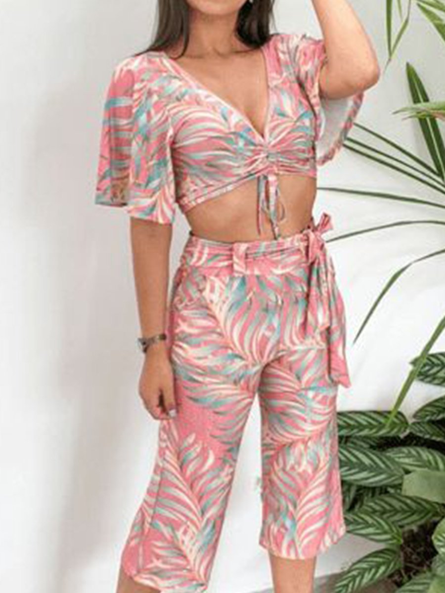 Lace Up Top Cropped Pants Print Suit