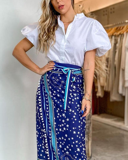 Short Sleeve Shirt Printed Long Skirt Suit