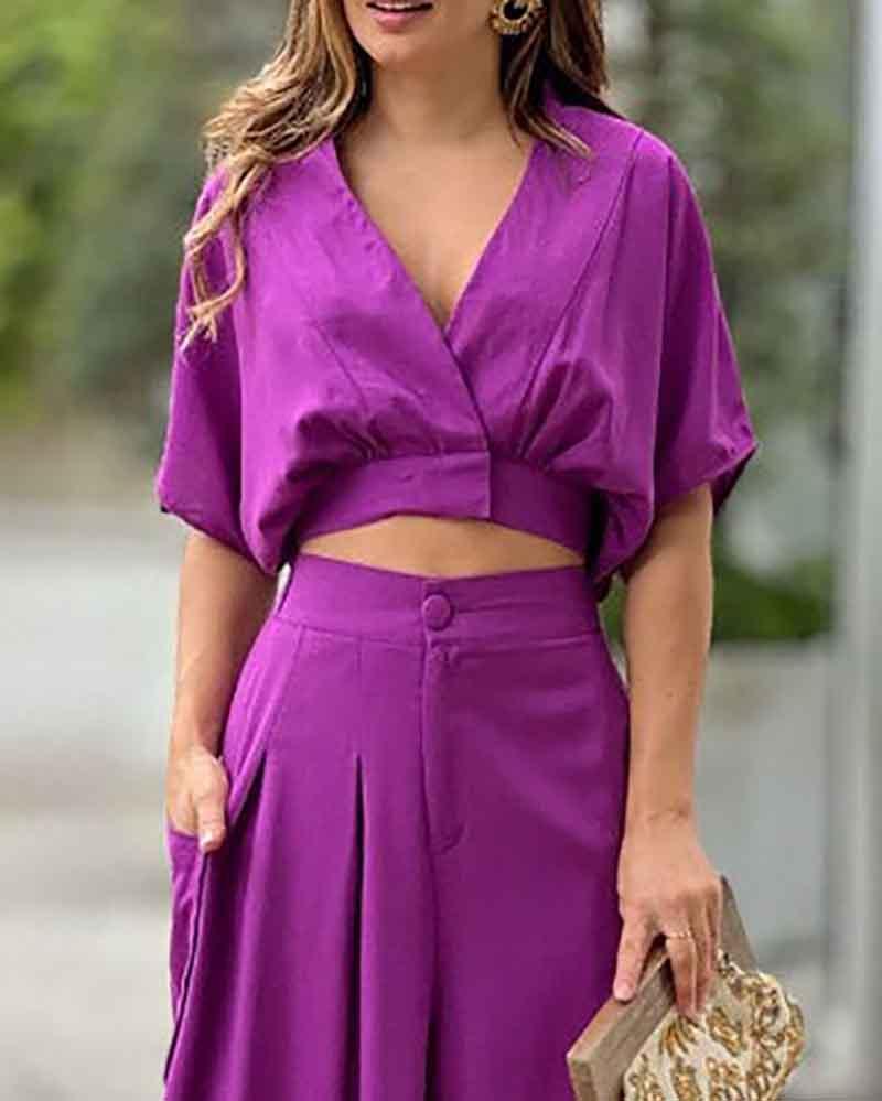 Casual V-neck solid color two-piece suit