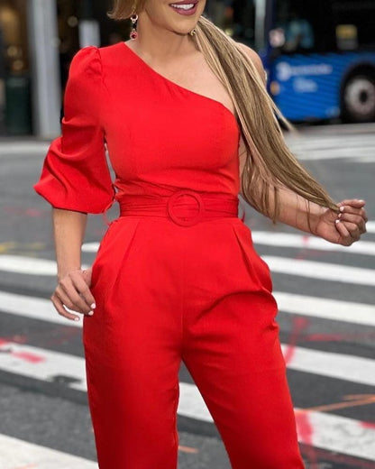 Solid Color Diagonal Shoulder Belt Jumpsuit