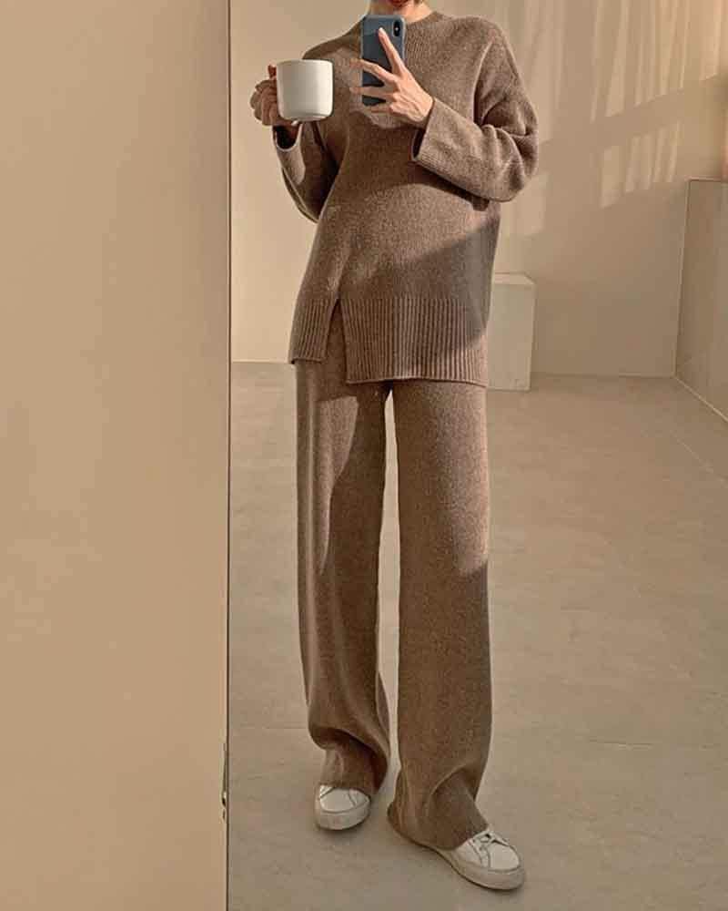 Simple two-piece knitted sweater & straight-leg pants