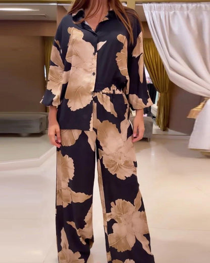 Stylish Printed Lapel Long Sleeve Shirt & Pants Set