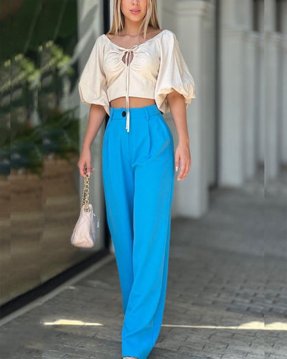 Casual Lace Top Solid Color Straight Pants Set