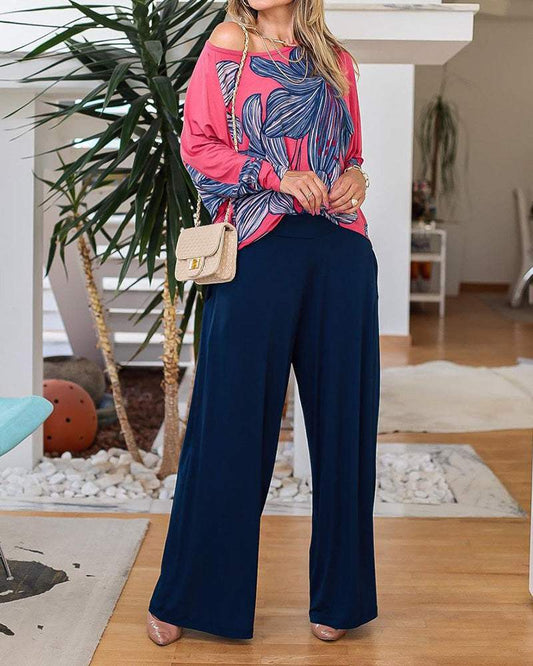 Floral Print Long Sleeve Top + Pants Two Piece Set