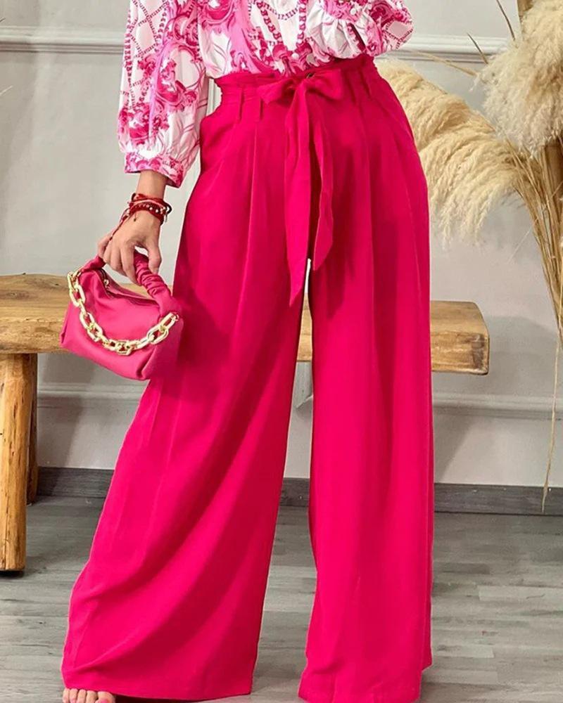 Stylish casual shirt & high-waisted lace-up wide-leg pants set