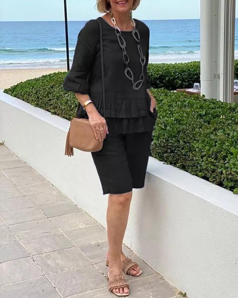 Casual Loose Crew Neck Lace Solid Color Top Shorts Suit