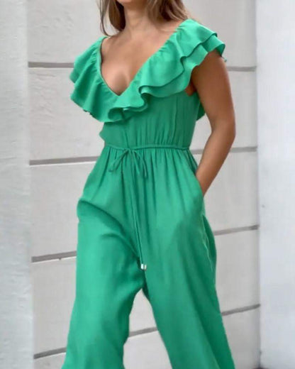 Lace Up Neckline Lace Up Solid Color Jumpsuit