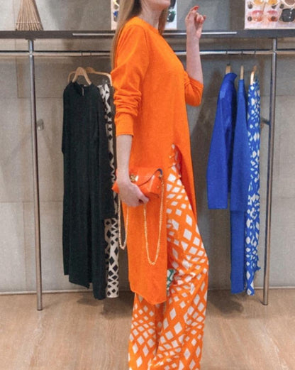 Solid Color Long Sleeve Slit Top & Printed Trousers Casual Two Piece Set