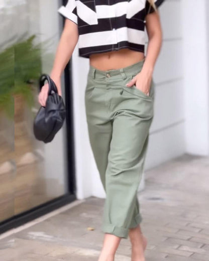 Striped Top Solid Color Casual Pants Set