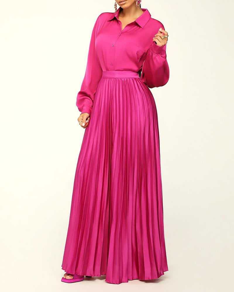 Fashion Solid Color Shirt & Pleated Skirt Two Piece Set