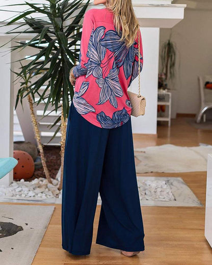 Floral Print Long Sleeve Top + Pants Two Piece Set