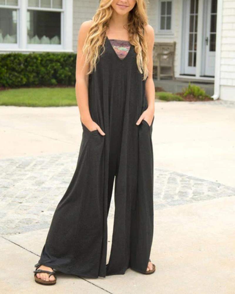 Casual Loose Solid Color Wide Leg Jumpsuit