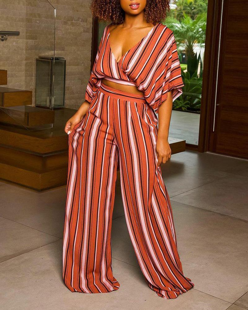 Loose V-Neck Striped Two-Piece Suit