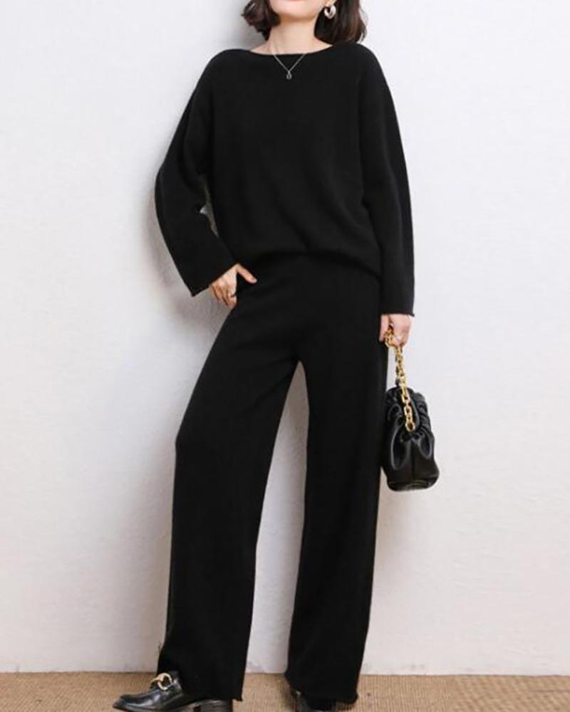 Ladies high waist wide leg pants solid color knitted suit