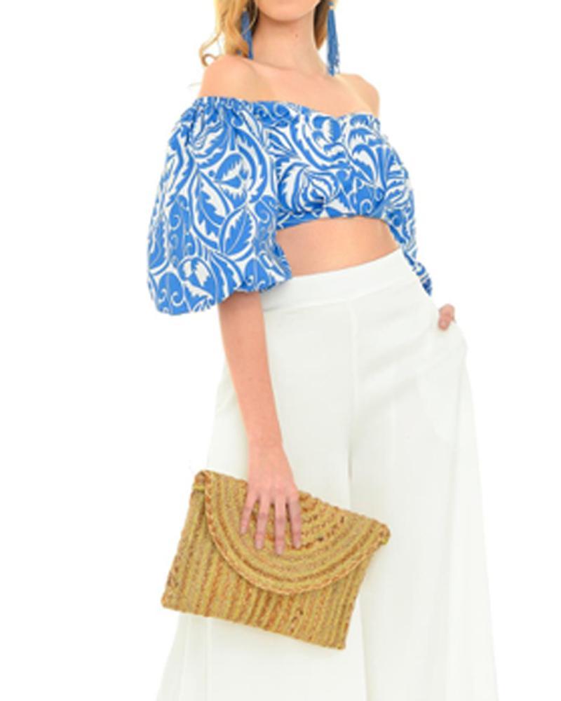 One-shoulder cropped printed top and trousers set