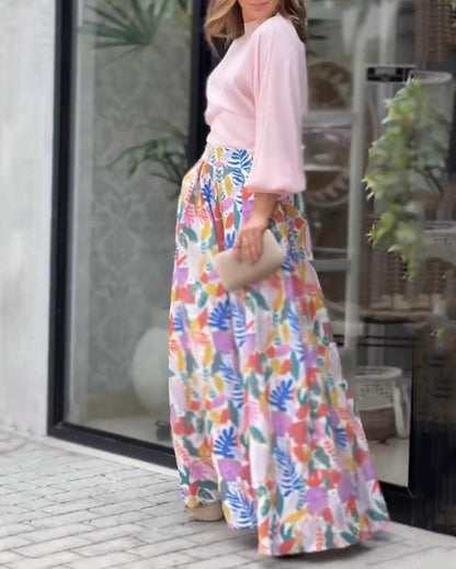 Two-Piece Set of Balloon Sleeve Top & Printed Wide Leg Pants