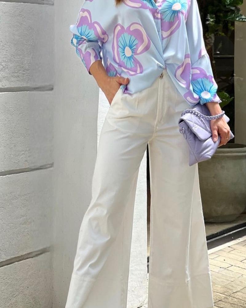 Printed Shirt Solid Color Pants Set