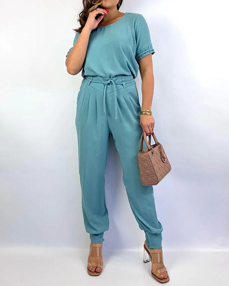 Solid Color Round Neck Short Sleeve T-Shirt High Waist Drawstring Pants Set