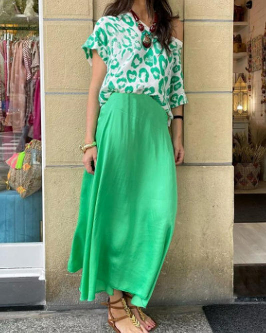 Green Printed Top Skirt Set