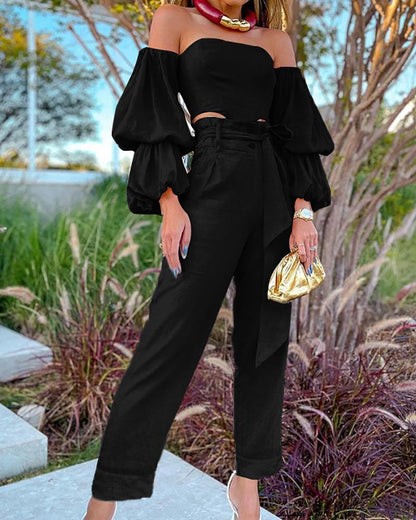 Stylish Two Piece Set of Strapless Puff Sleeve Top & Pants