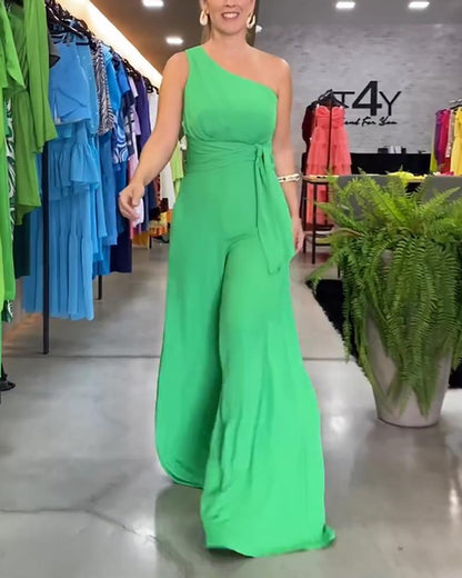 Sleeveless one-shoulder wide-leg jumpsuit