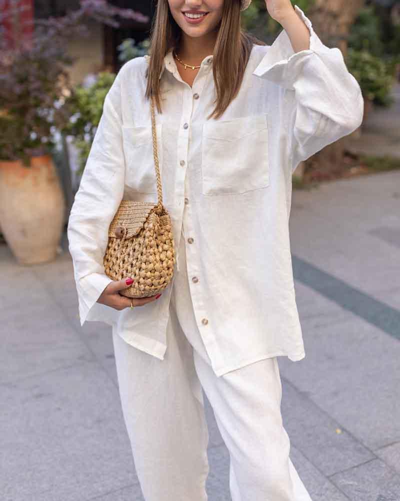 Lapel Long Sleeve Shirt & Cropped Pants Cotton Two-Piece Set