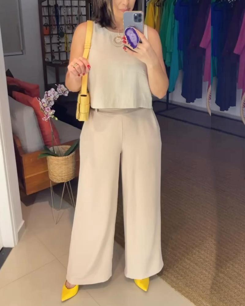 Shoulder-length Sleeveless Vest Wide Leg Pants Set