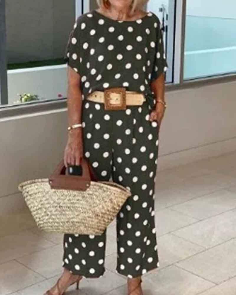 Polka-dot two-piece suit with round neck and short sleeves