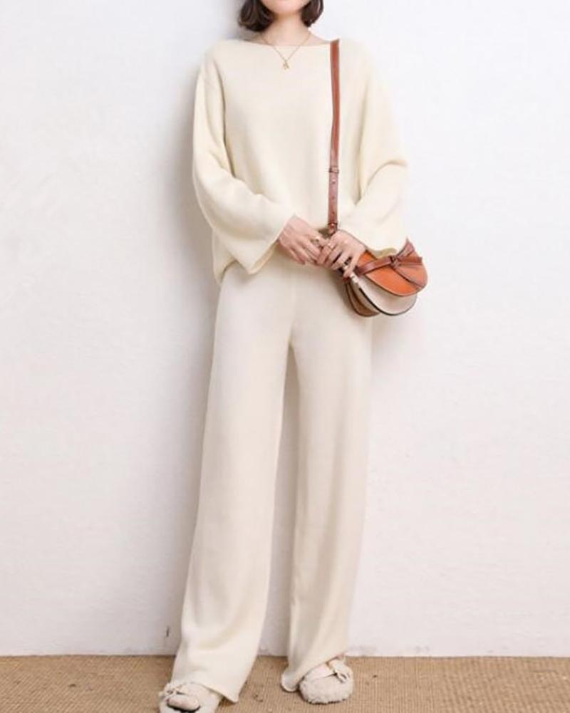 Ladies high waist wide leg pants solid color knitted suit