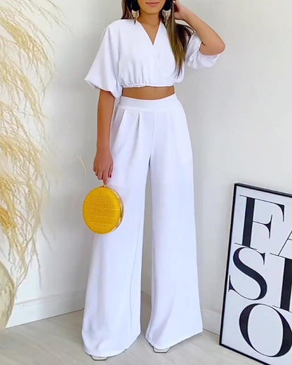 Solid color V-neck short-sleeved shirt high waist wide-leg pants suit