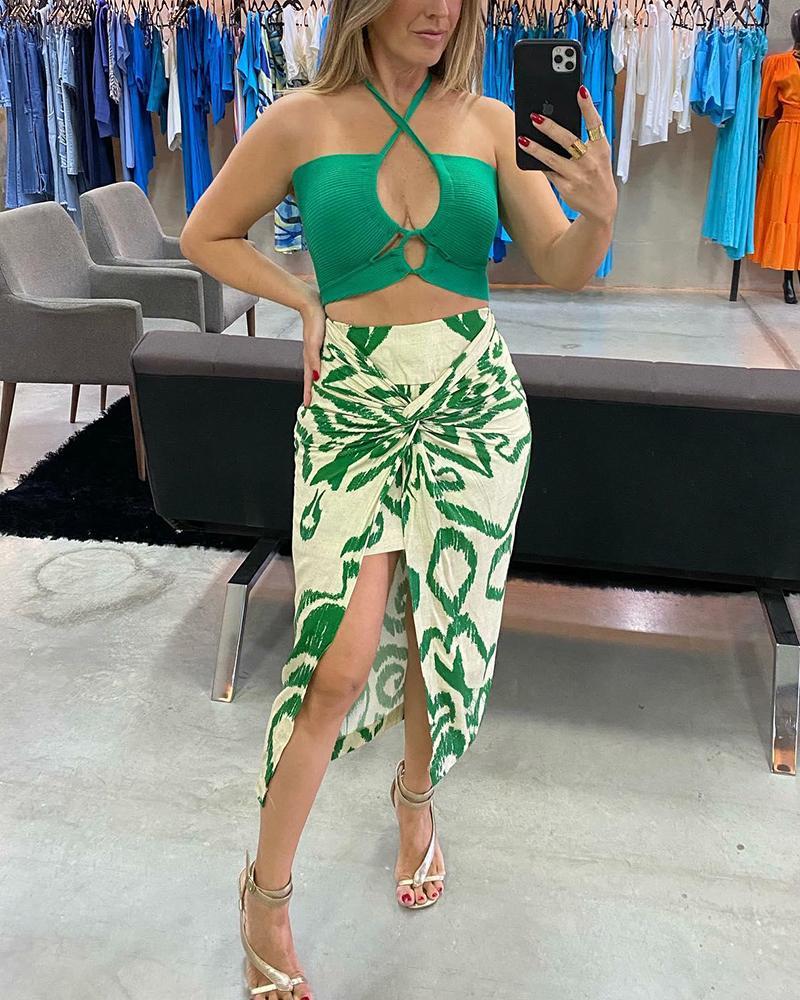 Solid Color Camisole & Printed Slit Skirt Set