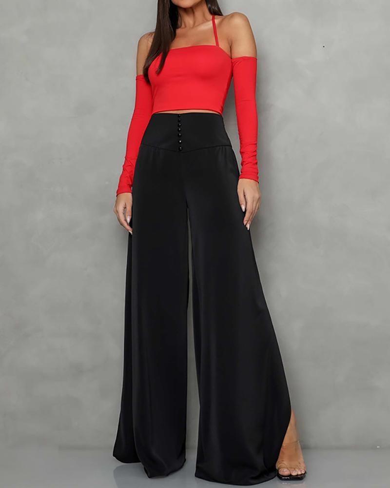 Two-piece set of halterneck off-the-shoulder top & solid wide-leg pants