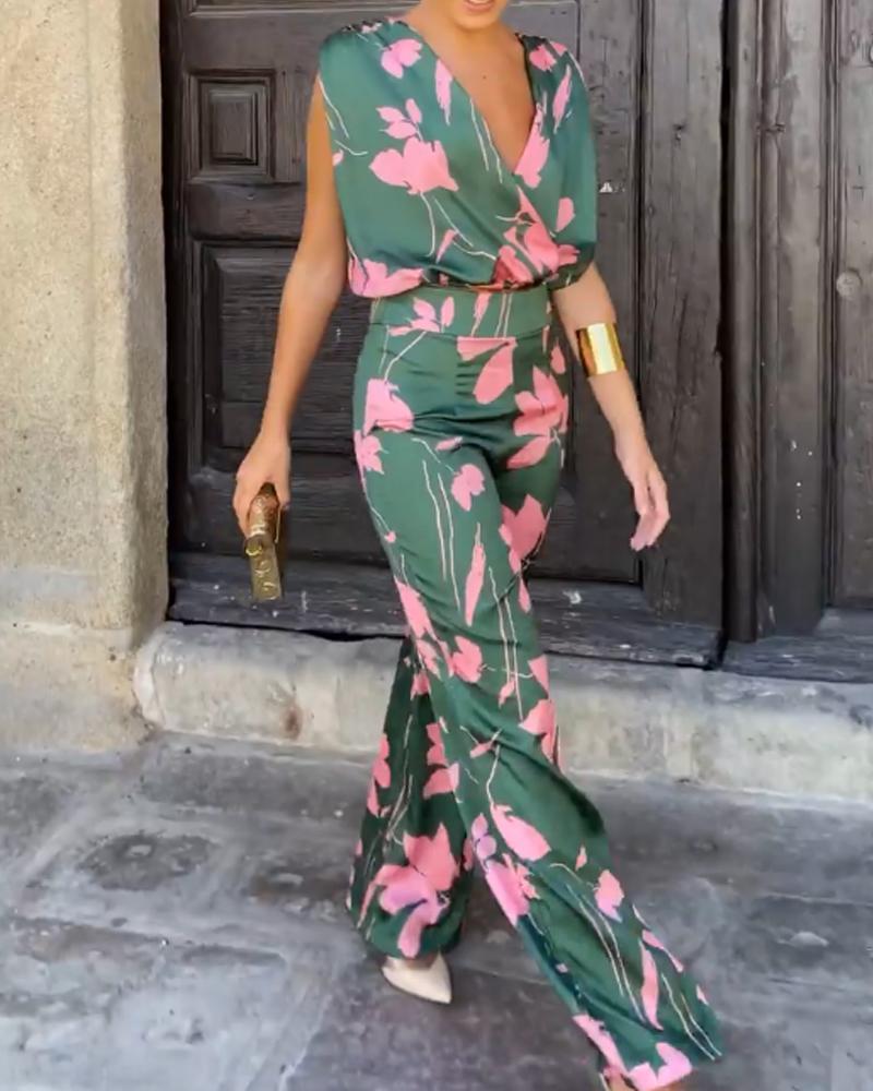 Sleeveless Printed Casual Long Jumpsuit