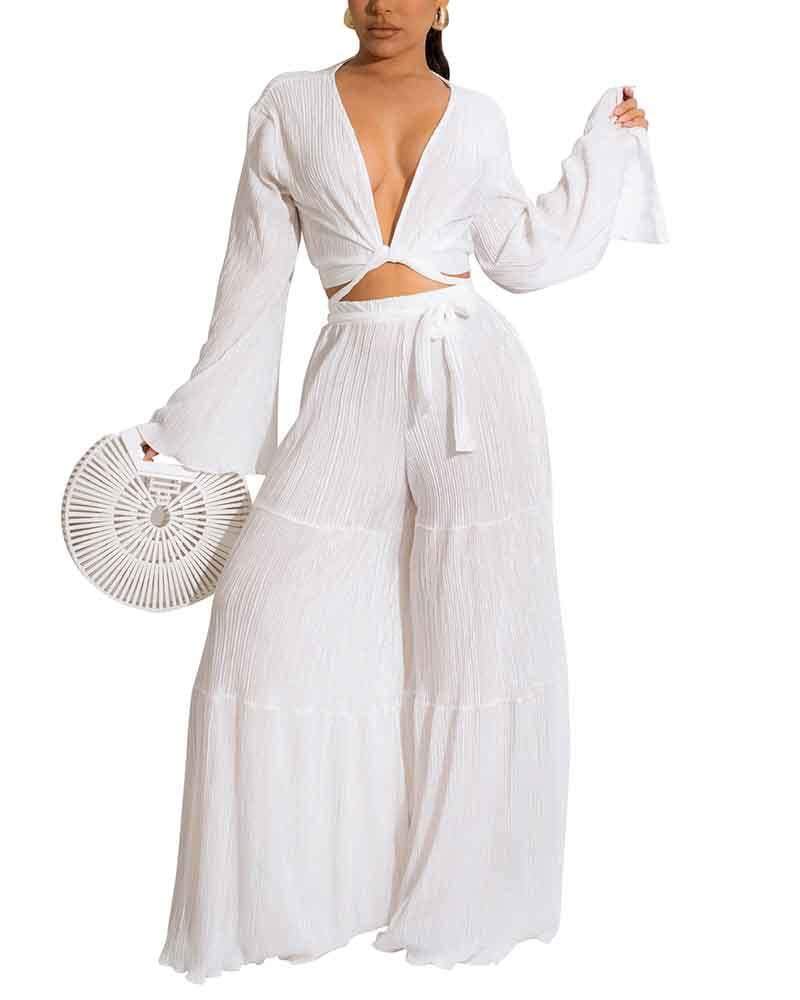 Flared Sleeve Lace-Up & Wide Leg Pants Set