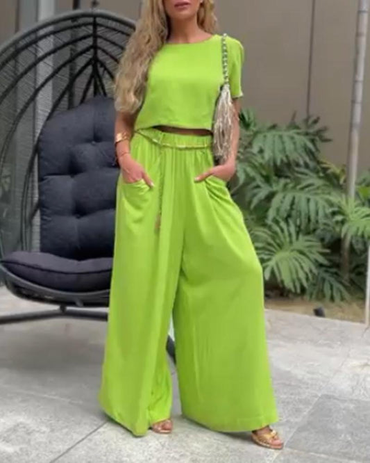 Short-sleeved Solid Color T-shirt Wide-leg Pants Suit