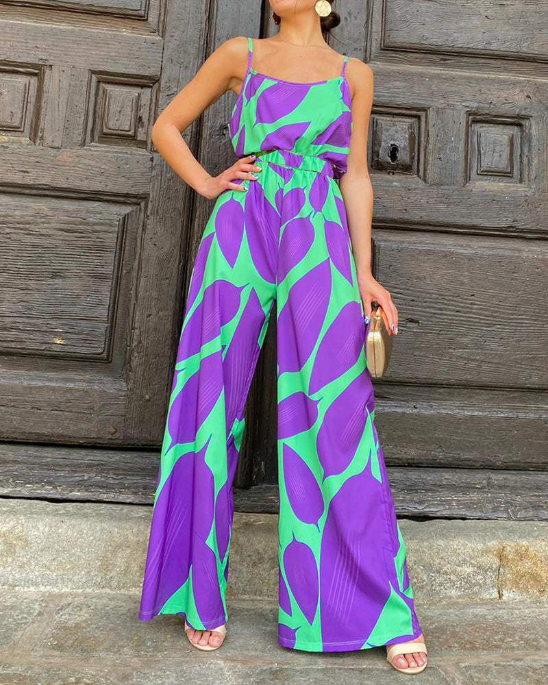 Leaf Print Wide-leg Jumpsuit