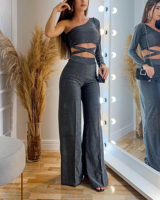 Sexy One Shoulder Bandage Jacket Pants Set