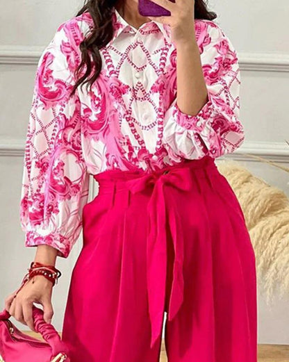 Stylish casual shirt & high-waisted lace-up wide-leg pants set