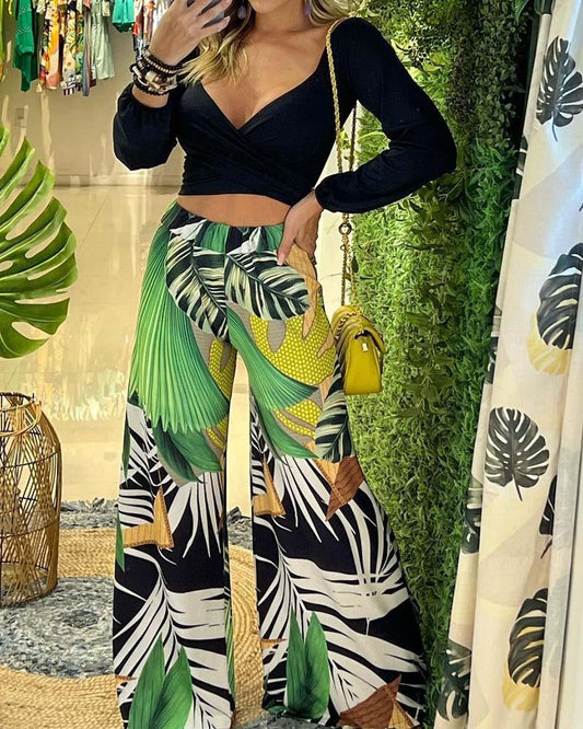 Long Sleeve Solid Tie Top Print Pants Two Piece Set