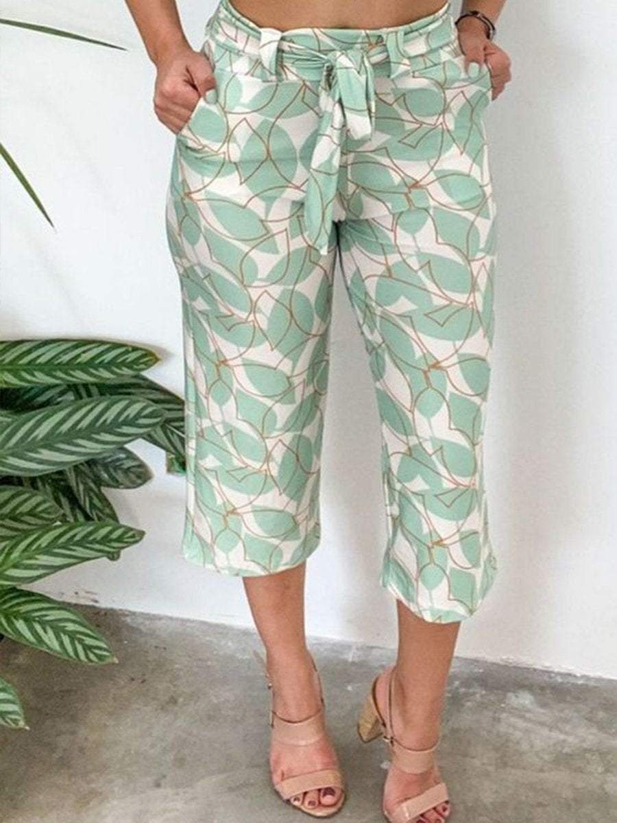 Printed Lace Up Top Cropped Pants Set