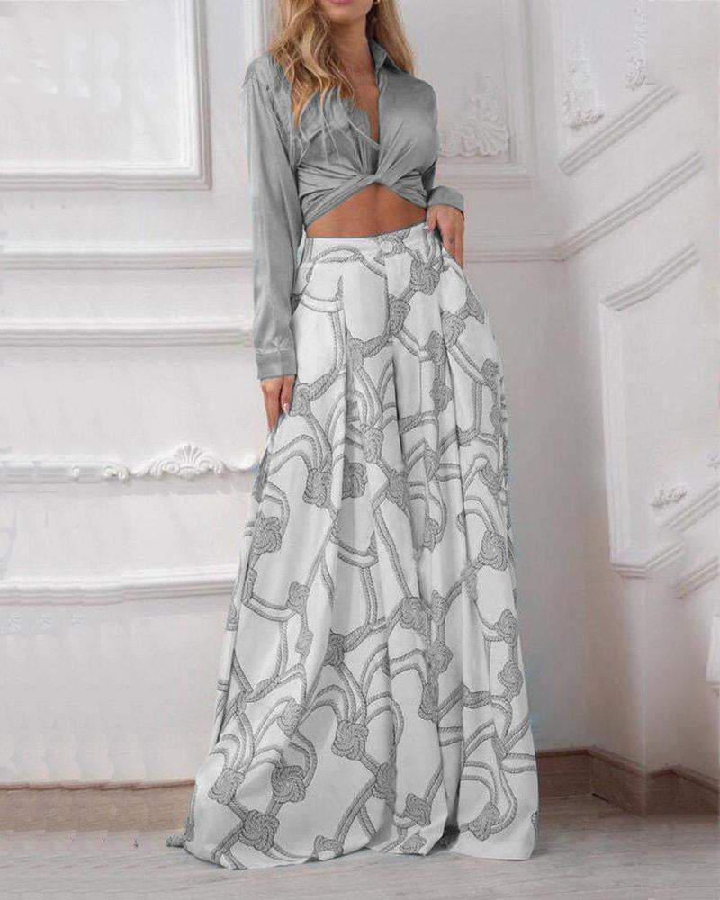 Satin Long-Sleeve Top & Casual Printed Wide-Leg Pants Two-Piece Set