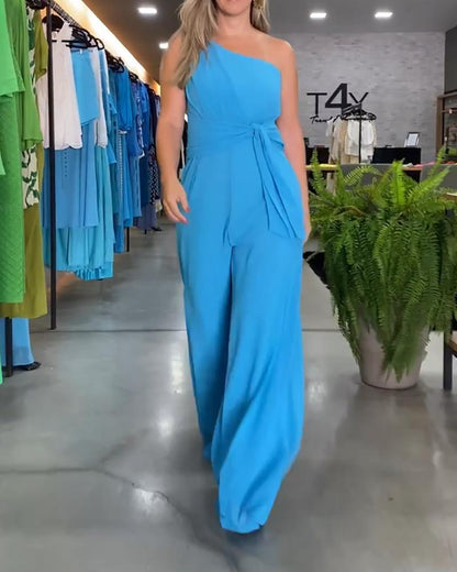 Sleeveless one-shoulder wide-leg jumpsuit