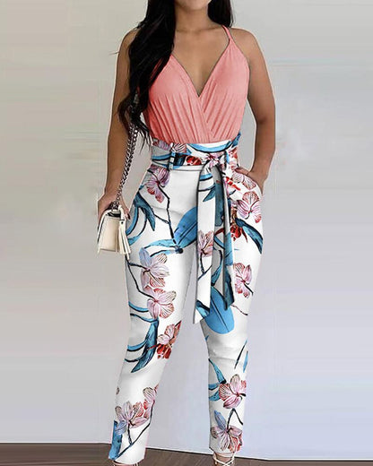 Printed V-neck Design Suspender Jumpsuit